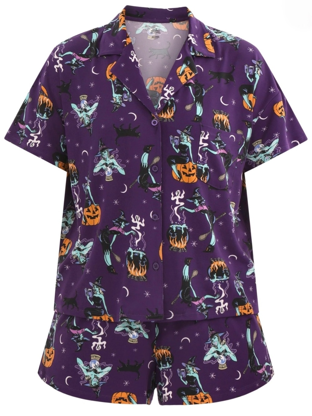 . Way To Celebrate Halloween Purple Witch Printed Button Up Shirt & Shorts Set - Picture 5 of 10